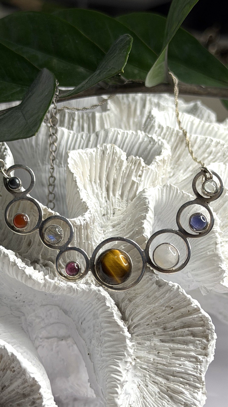 Solar System Gemstones 925 Sterling Silver Tigers Eye Moonstone etc. Necklace