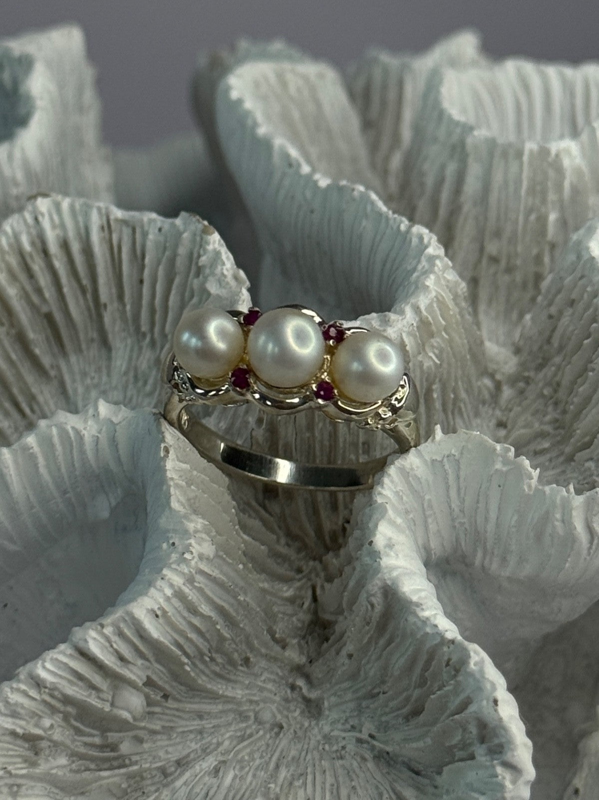 925 Sterling Silver Pearl & Ruby Ring Size 8