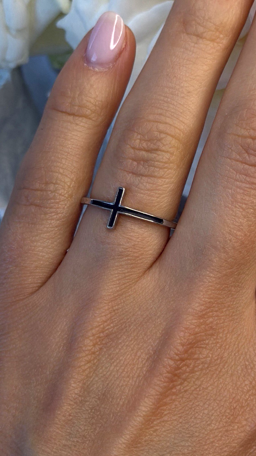Modern Christian 925 Sterling Silver Cross Black Enamel Ring Size 8