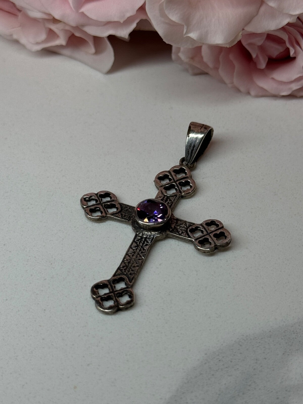 925 Sterling Silver Amethyst Cross Length 2.2 In