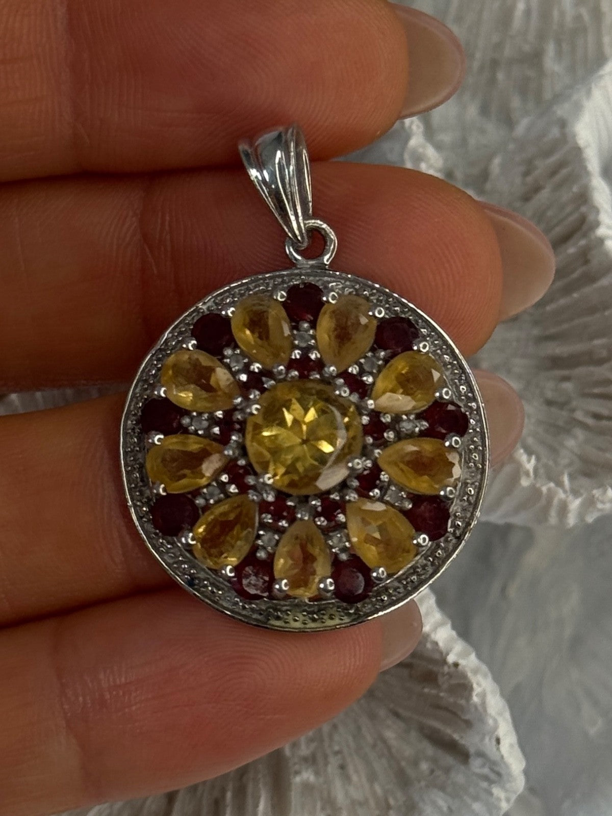 925 Sterling Silver Citrine Garnet Diamond Pendant Length 1.50 Inch