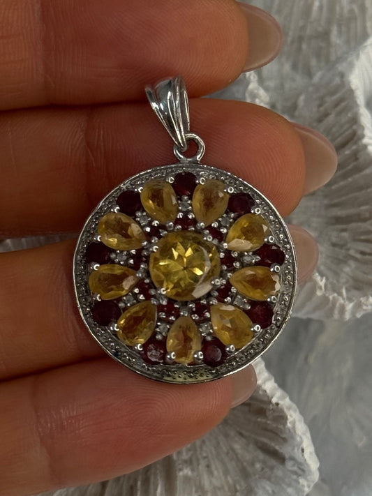 925 Sterling Silver Citrine Garnet Diamond Pendant Length 1.50 Inch