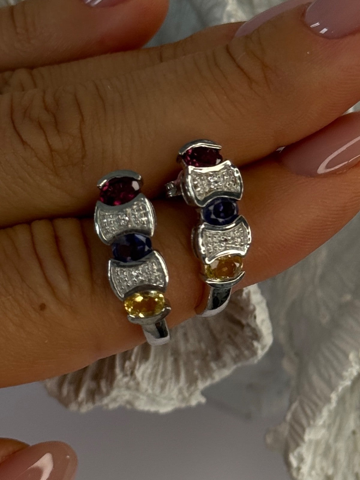 925 Sterling Silver Ruby Tanzanite Citrine Diamond Earrings Length 0.90 Inch