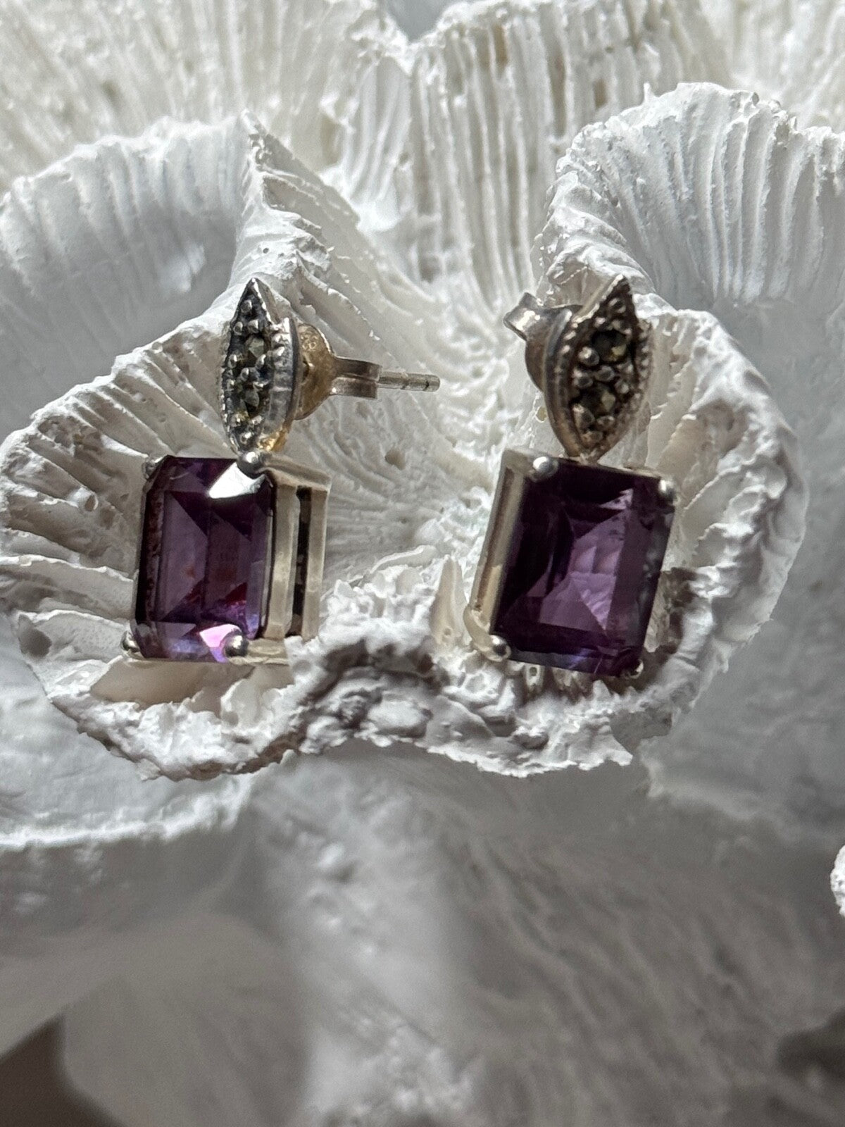 925 Sterling Silver Tourmaline & Marcasite Earrings Length 0.7 Inch
