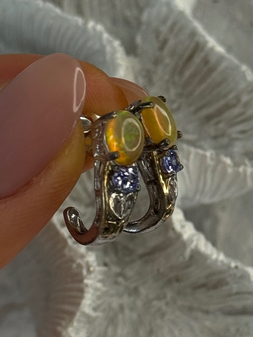 925 Sterling Silver Yellow Opal & Tanzanite Earrings Length 0.70 Inch