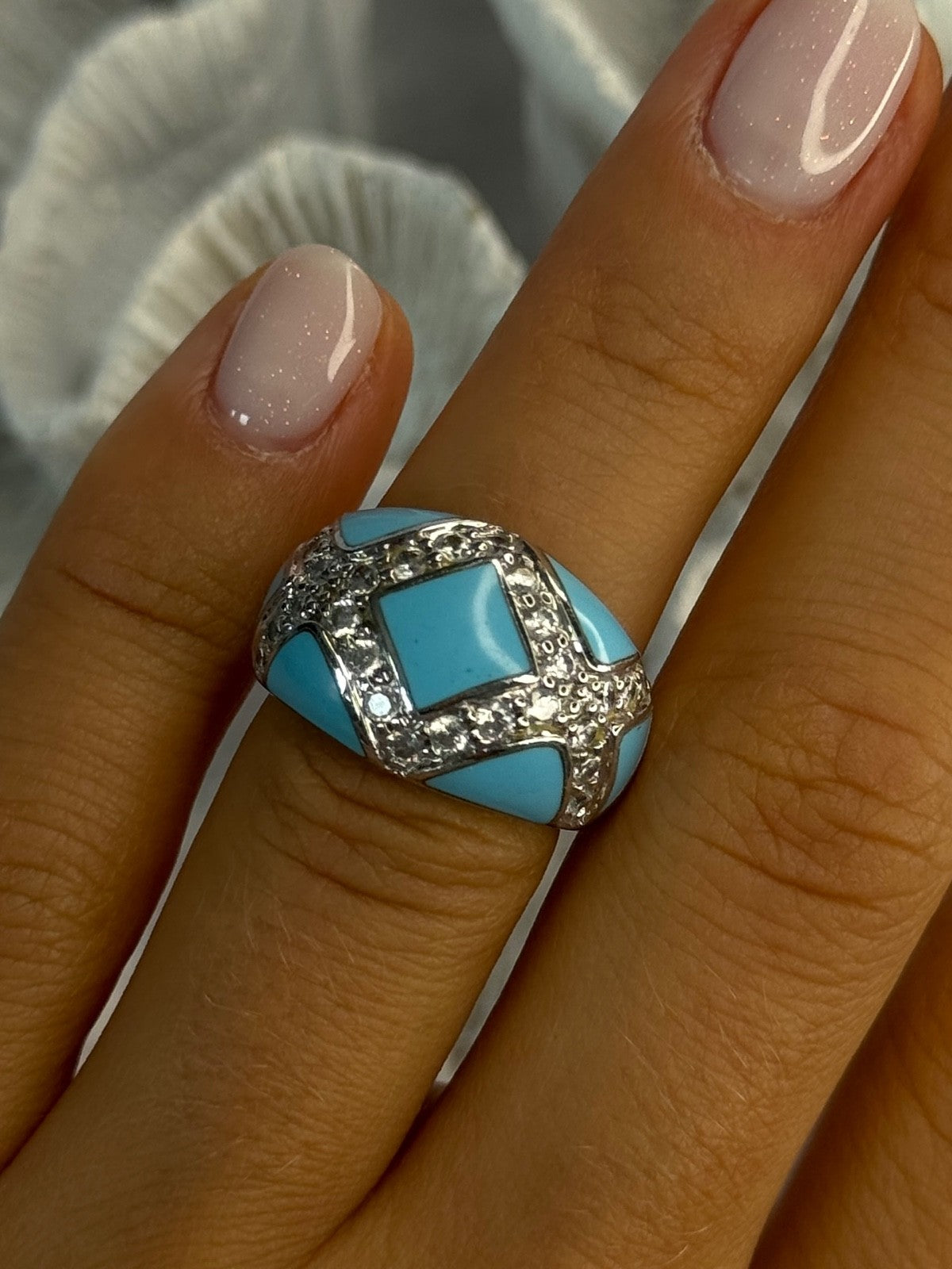 925 Sterling Silver Turquoise & CZ Ring Size 6