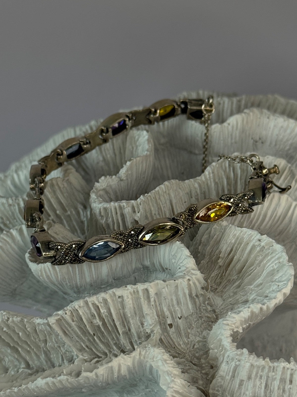 Vintage 925 Sterling Silver Multi Color Gemstones Bracelet Length 7