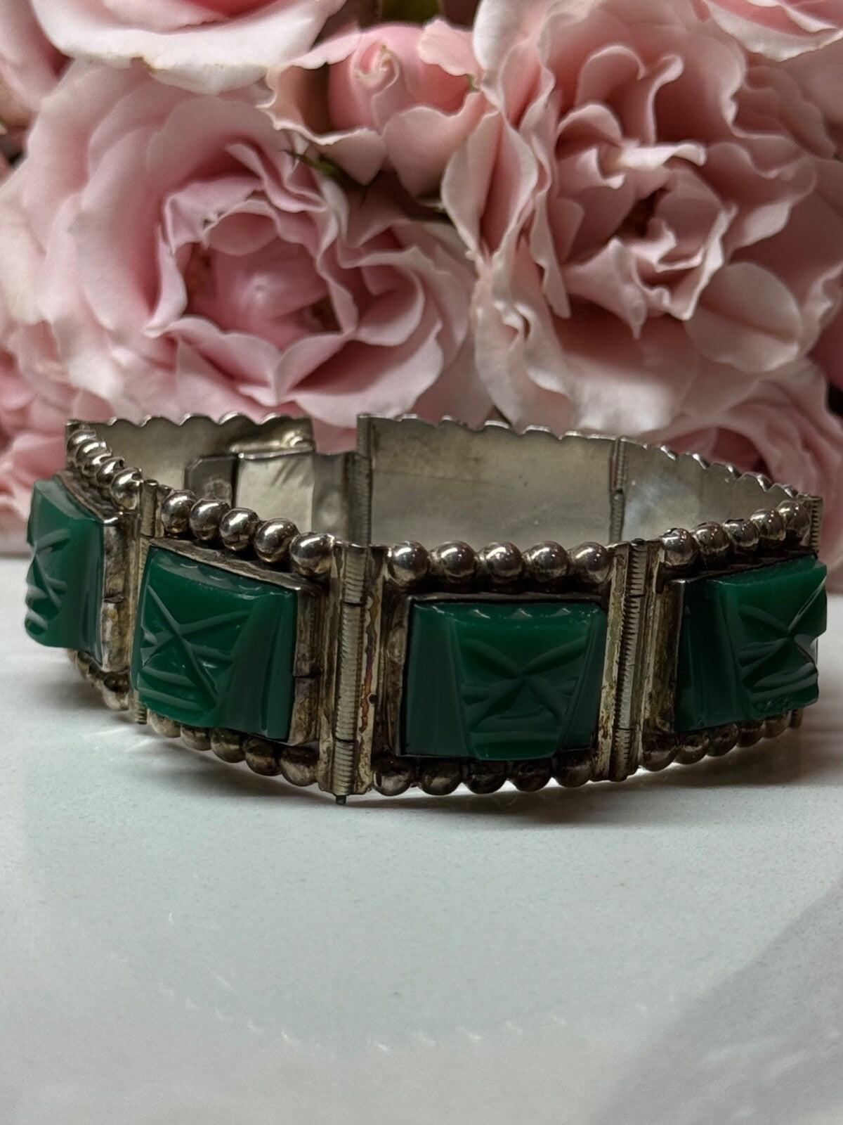 Vintage 925 Sterling Silver Green Jade Bracelet Length 7 in