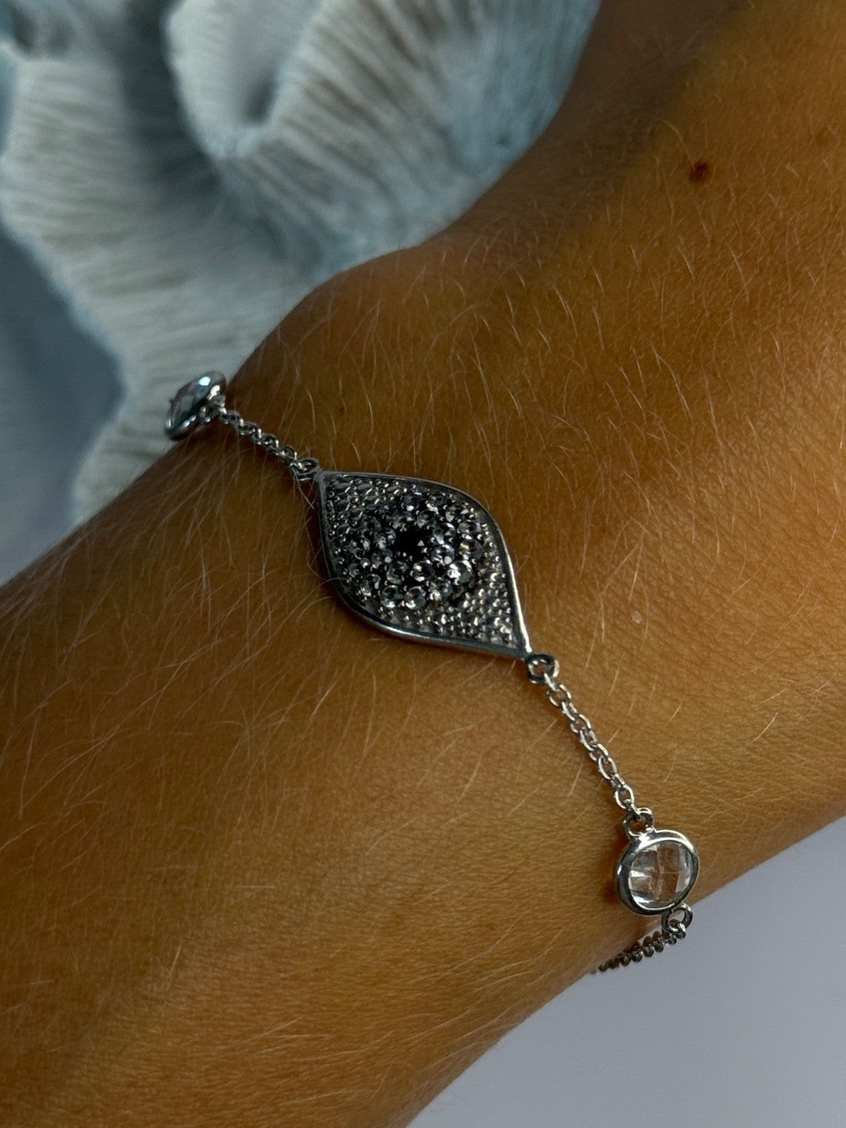 925 Sterling Silver Evil Eye Sapphire & Beryl Bracelet Length 6-7.5