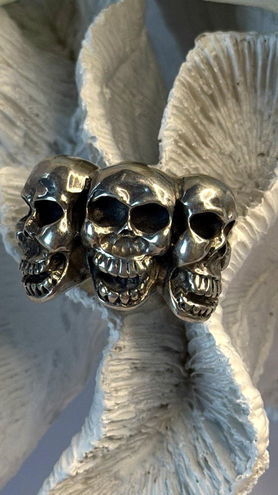 Triple Skull Gothic Biker Punk Rock 925 Sterling Silver Ring Size 9.5