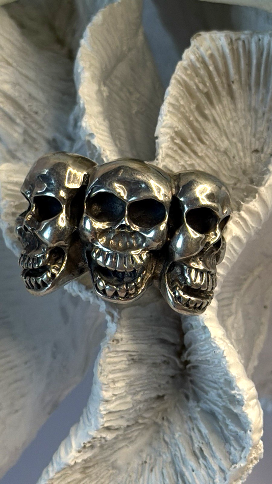 Triple Skull Gothic Biker Punk Rock 925 Sterling Silver Ring Size 9.5