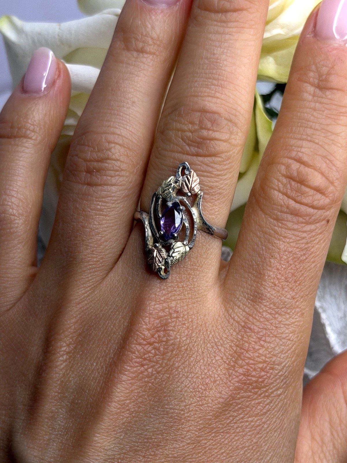 Vintage Grapevine Leaf Design 925 Sterling Silver Amethyst Ring Size 8