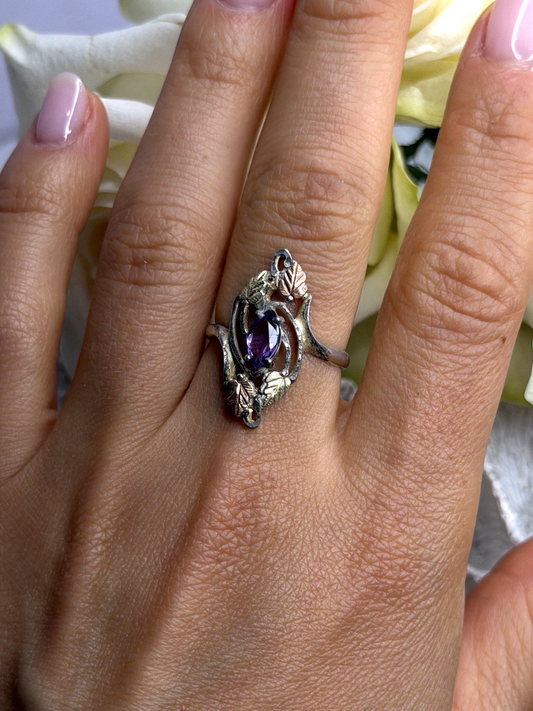 Vintage Grapevine Leaf Design 925 Sterling Silver Amethyst Ring Size 8