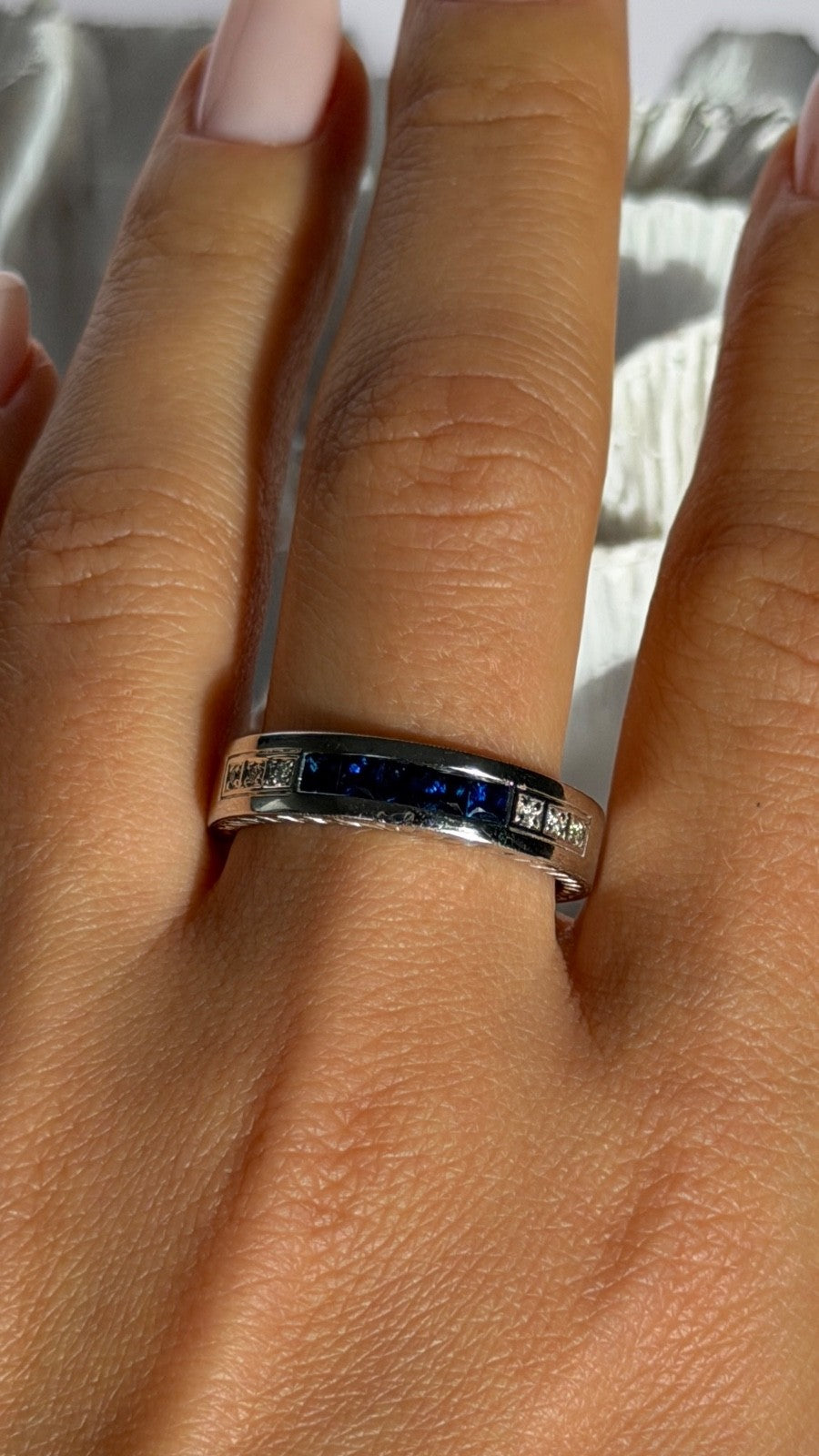 14K White Gold Sapphire & Diamond Ring Size 10.5