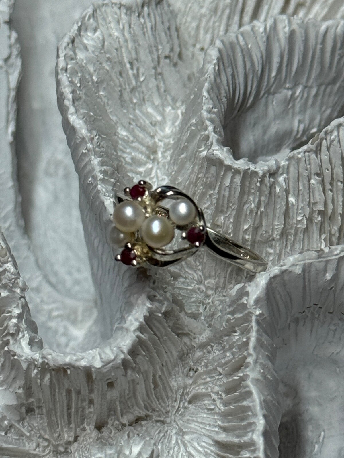 925 Sterling Silver Pearls & Ruby Ring Size 8