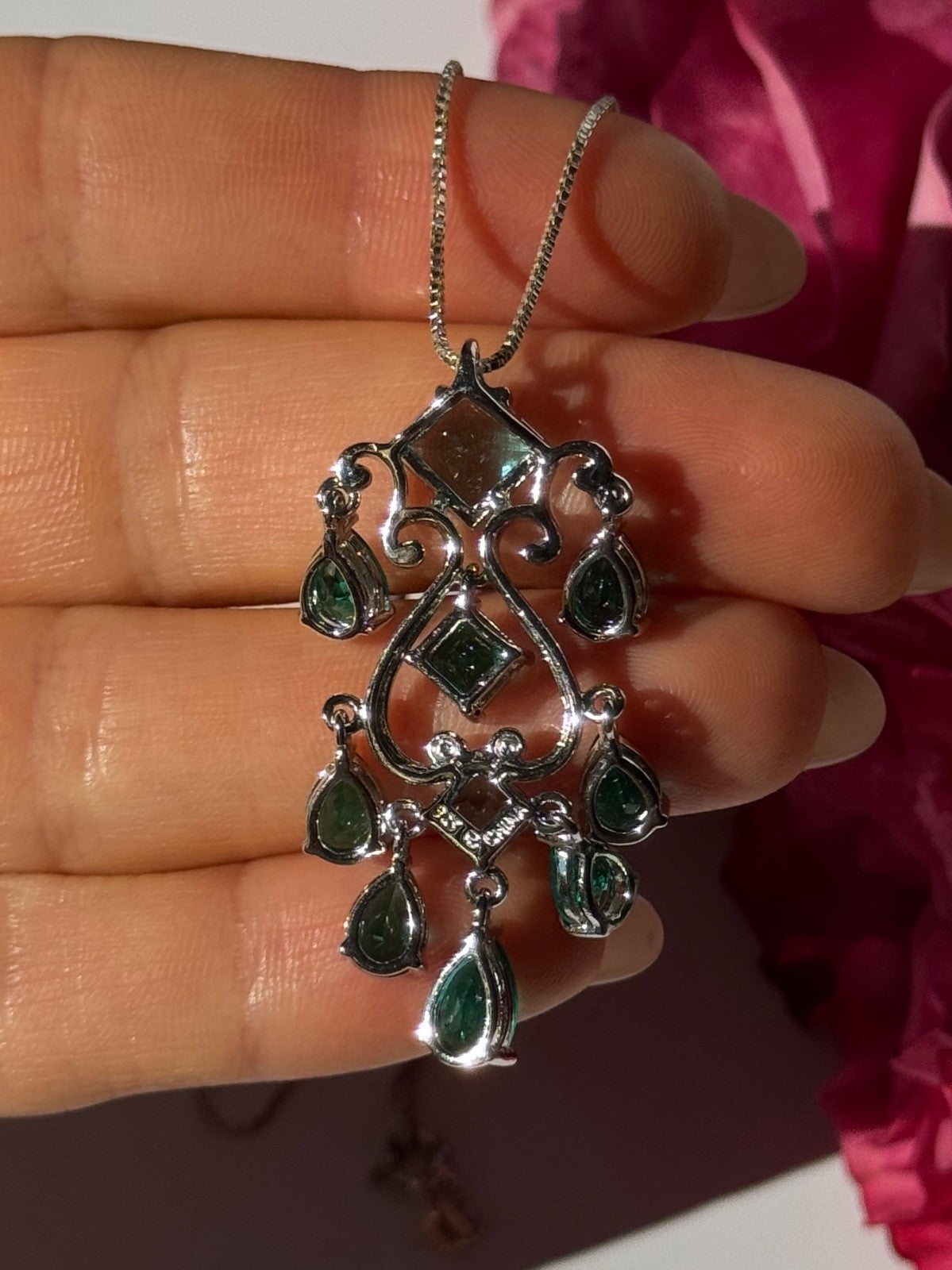 925 Sterling Silver Aquamarine & Emerald Necklace Length 17 Inch