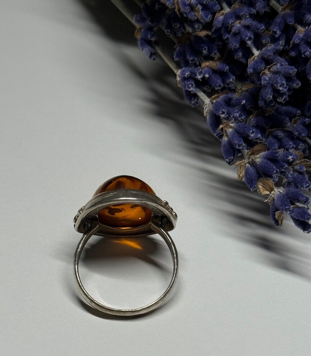 925 Sterling Silver Amber Ring Size 6
