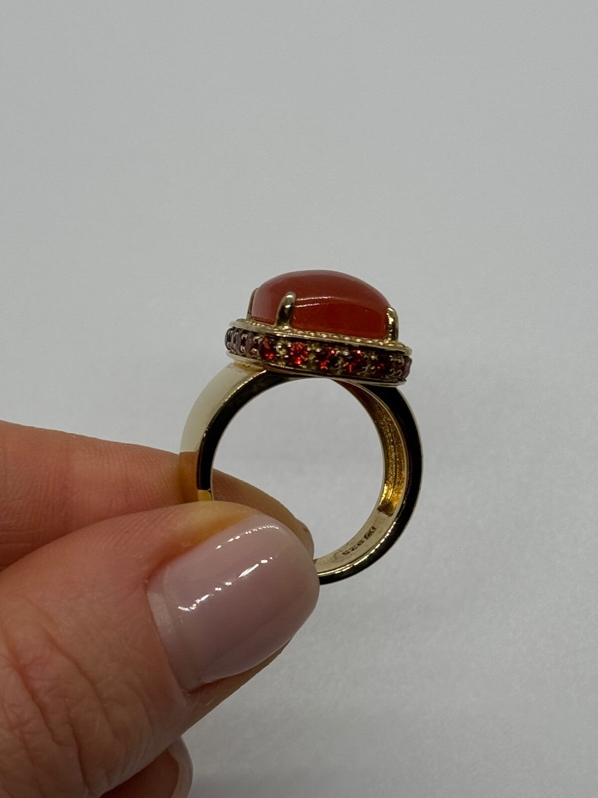 925 Sterling Silver Gold Plated Amber & RED Spinel Ring Size 7.5