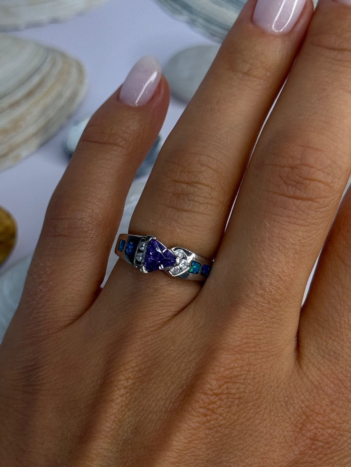 925 Sterling Silver Amethyst & Beryl & Opal Ring Size 6.5