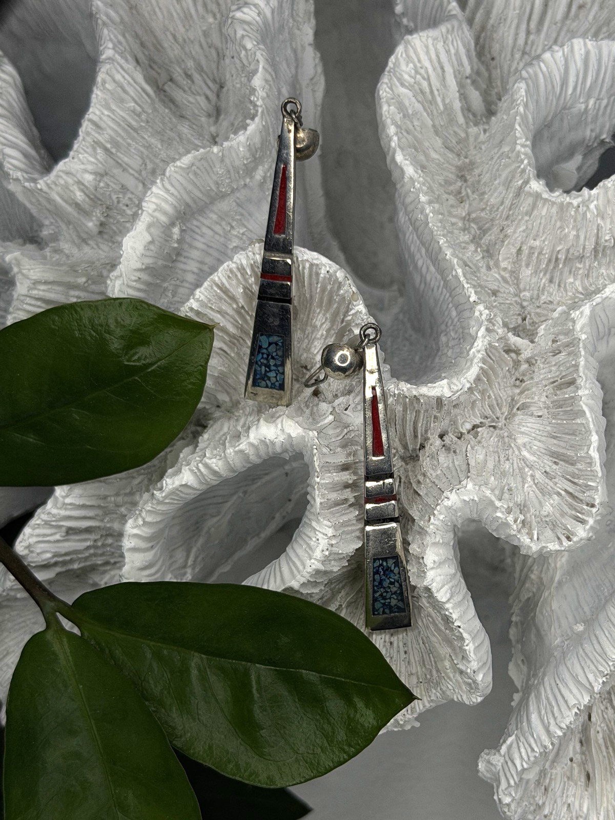 Navajo 925 Sterling Silver Turquoise & Coral Dangle Earrings