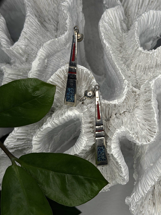 Navajo 925 Sterling Silver Turquoise & Coral Dangle Earrings