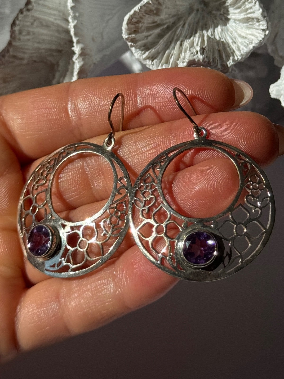 925 Sterling Silver Amethyst Earrings Length 2.10 Inch