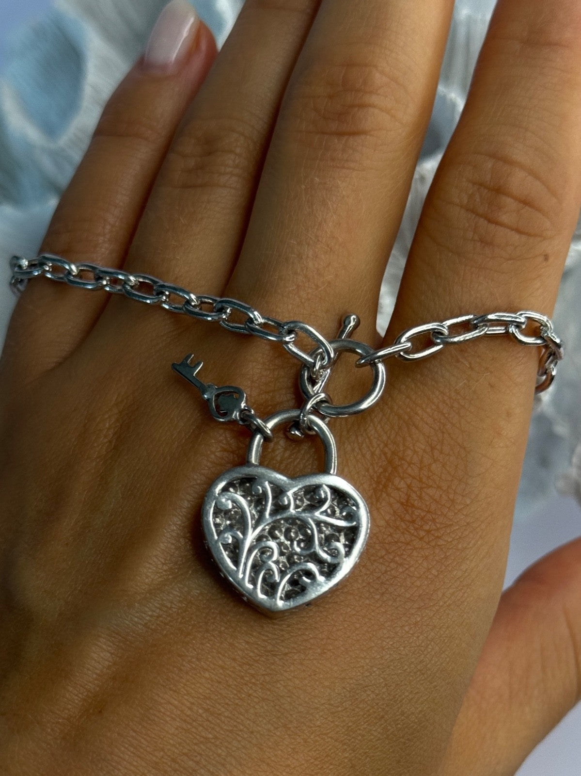 925 Sterling Silver Heart & Key CZ Bracelet Length 7.5