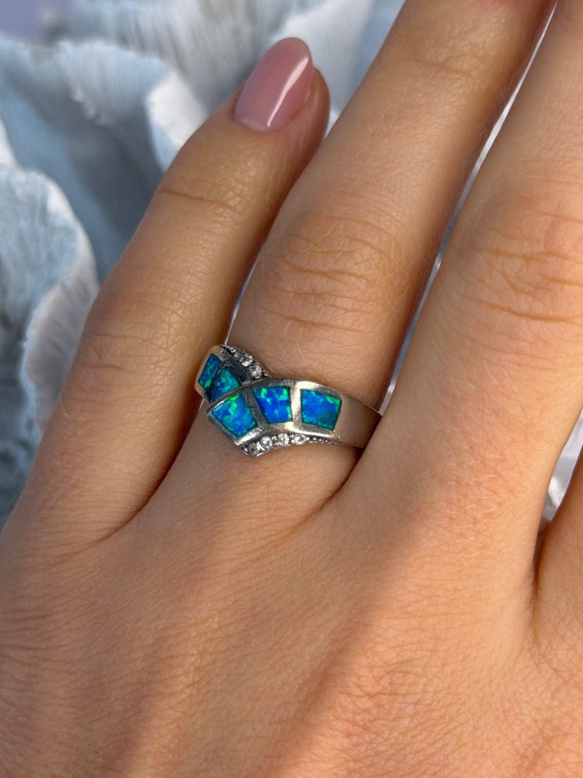 925 Sterling Silver Opal & Beryl Ring Size 7