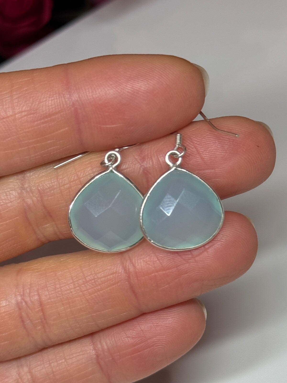 925 Sterling Silver Blue Beryl Earrings Length 1.1 Inch
