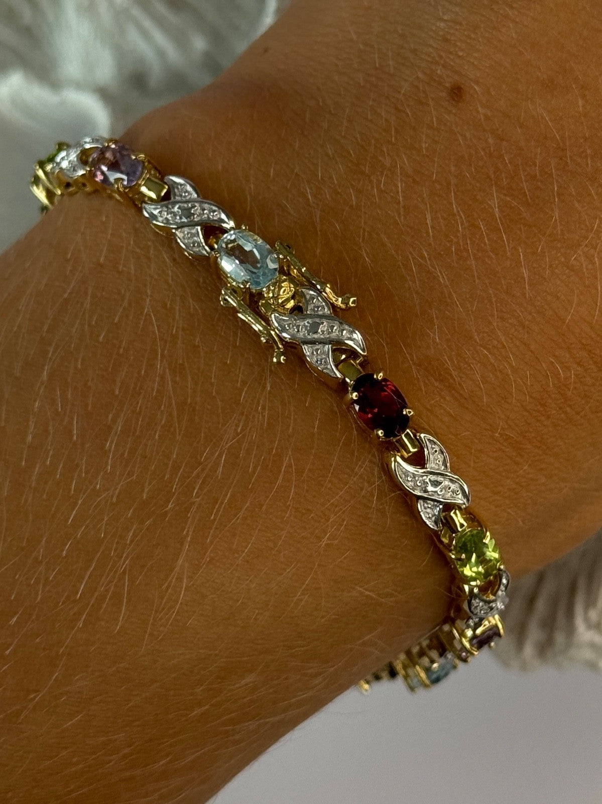925 Sterling Silver Gold Plated Multi Color Gemstones Bracelet Length 7.5