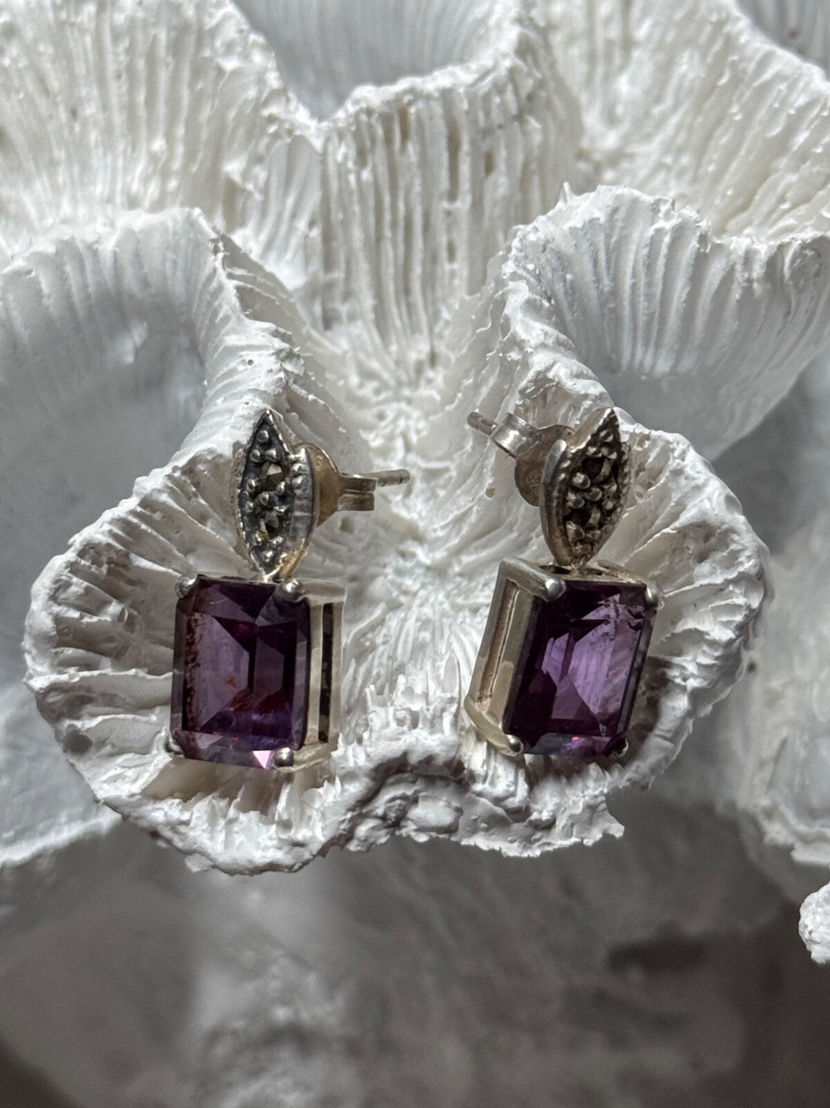 925 Sterling Silver Tourmaline & Marcasite Earrings Length 0.7 Inch