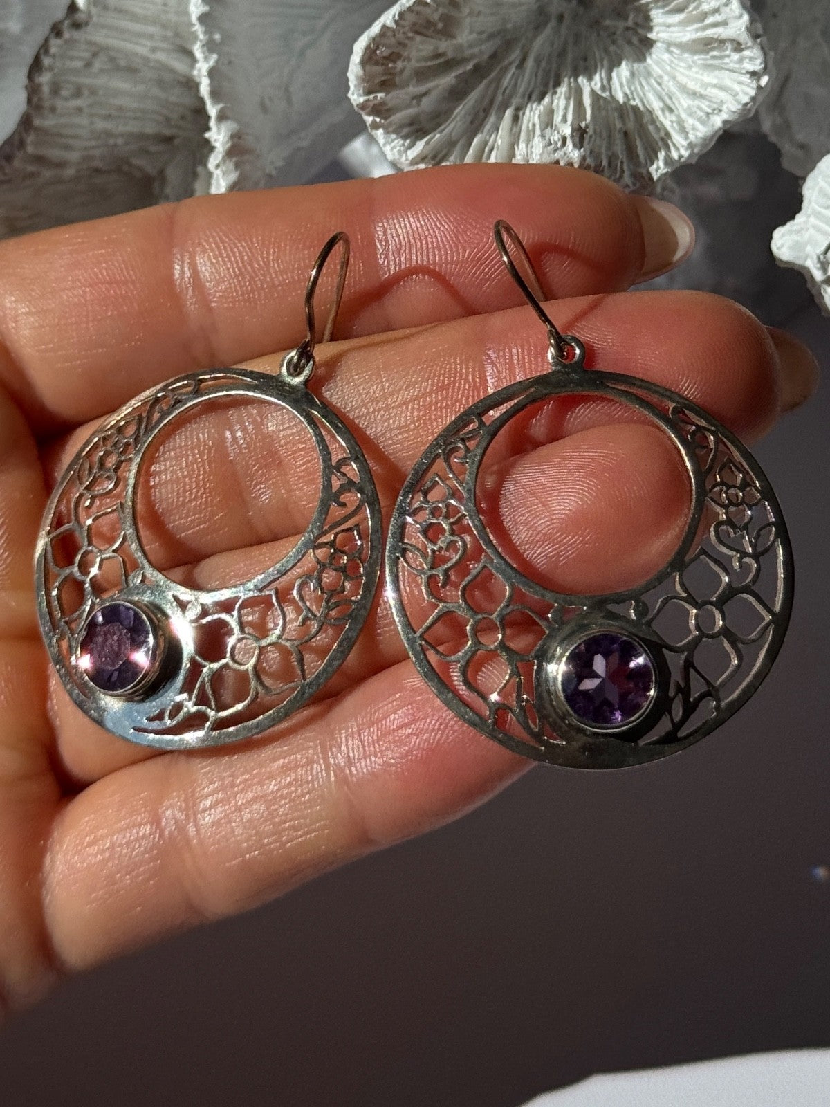 925 Sterling Silver Amethyst Earrings Length 2.10 Inch