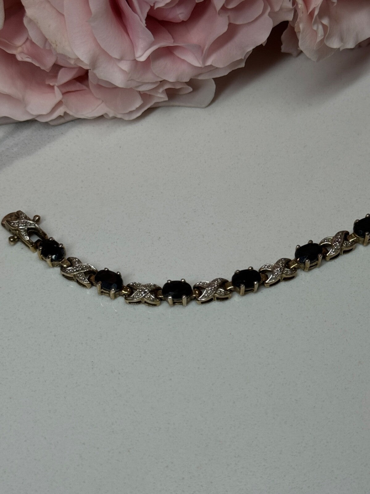925 Sterling Silver Gold Plated Sapphire Bracelet Length 7.5 in
