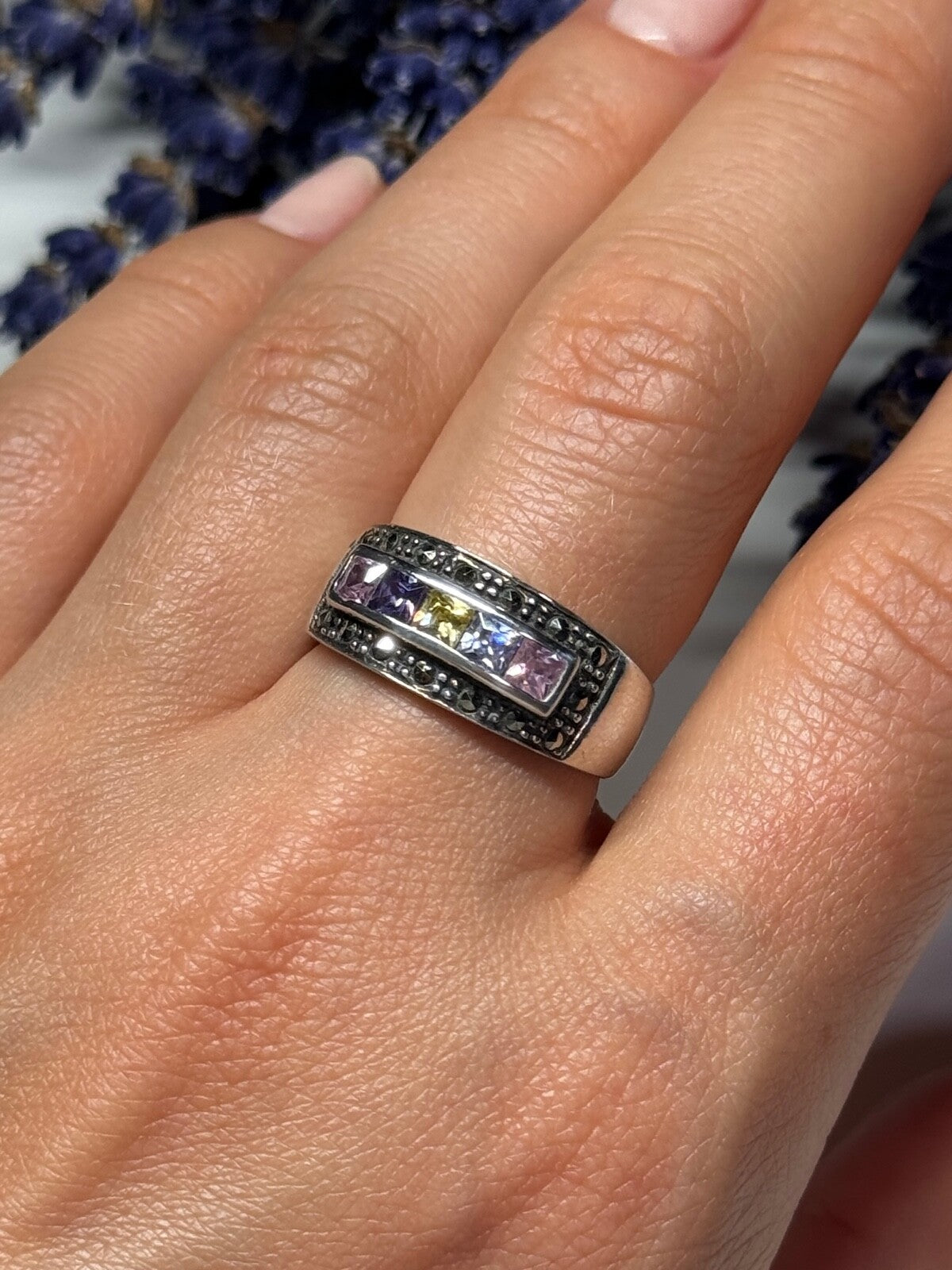 Vintage 925 Sterling Silver Tourmalines & Marcasite Ring Size 8