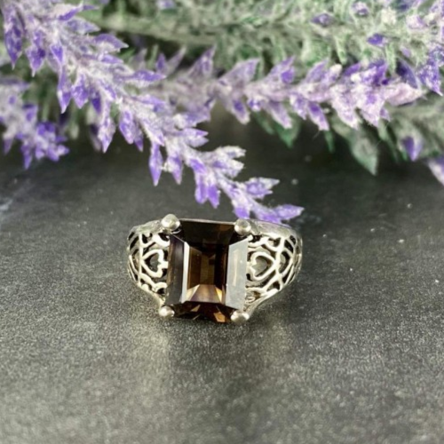 925 Sterling Silver Hessonite "Openwork" Ring Size 6.5