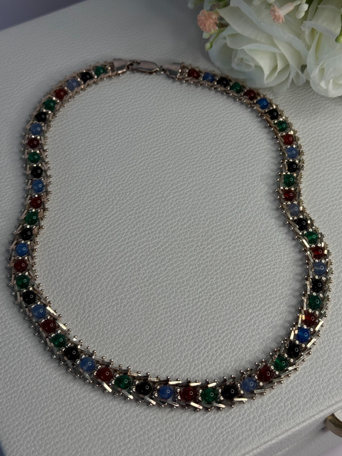 925 Sterling Silver Italy Milor Multicolor Agate Necklace Length 17 Inch