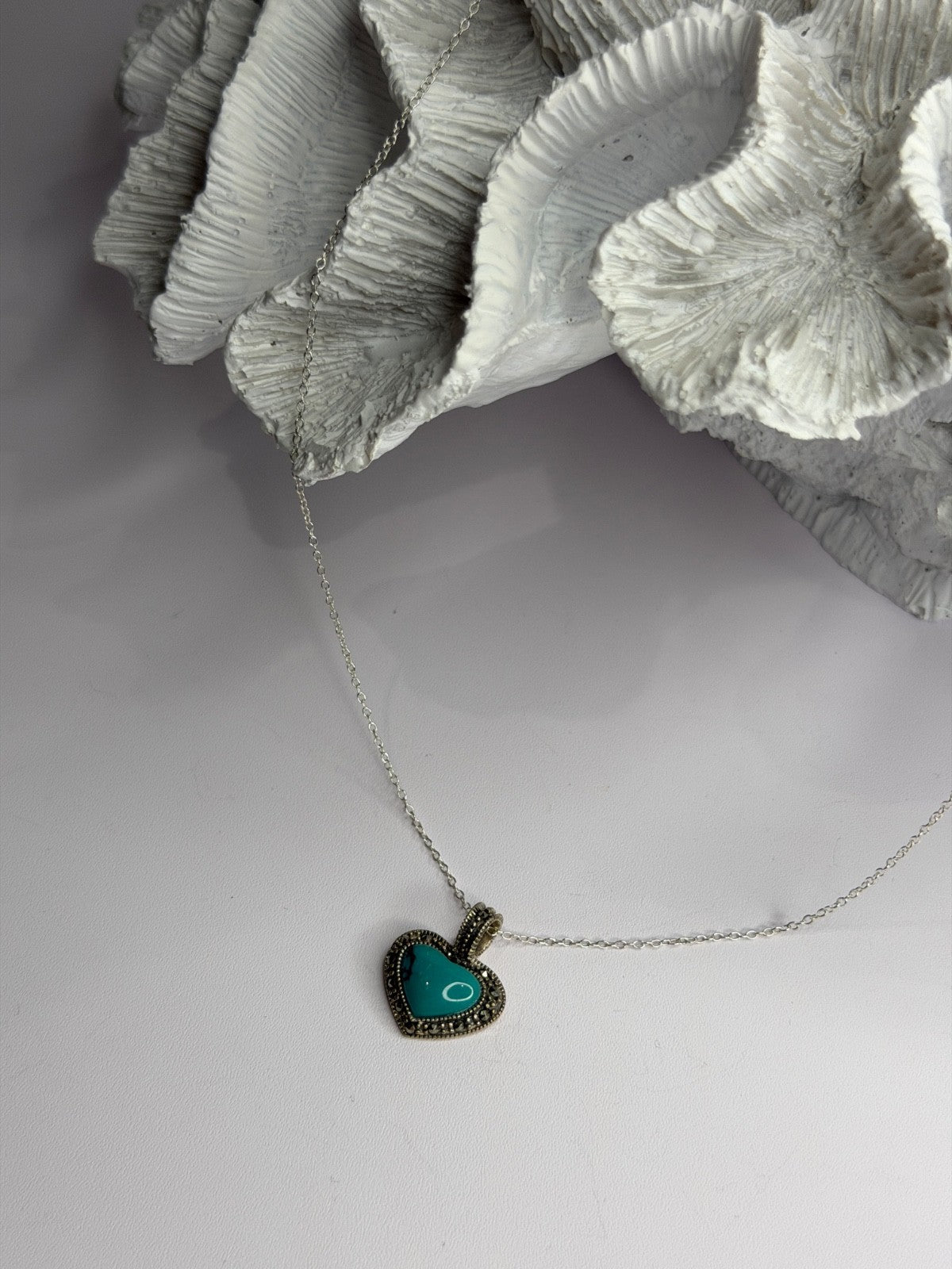 925 Sterling Silver Turquoise & Marcasite Heart Necklace