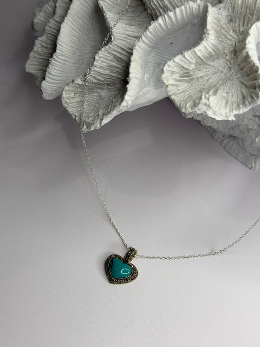 925 Sterling Silver Turquoise & Marcasite Heart Necklace