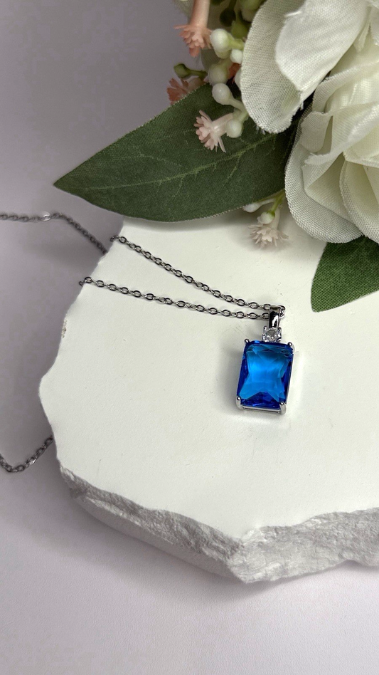 925 Sterling Silver Blue Shiny Cz Necklace Length 16/18 in