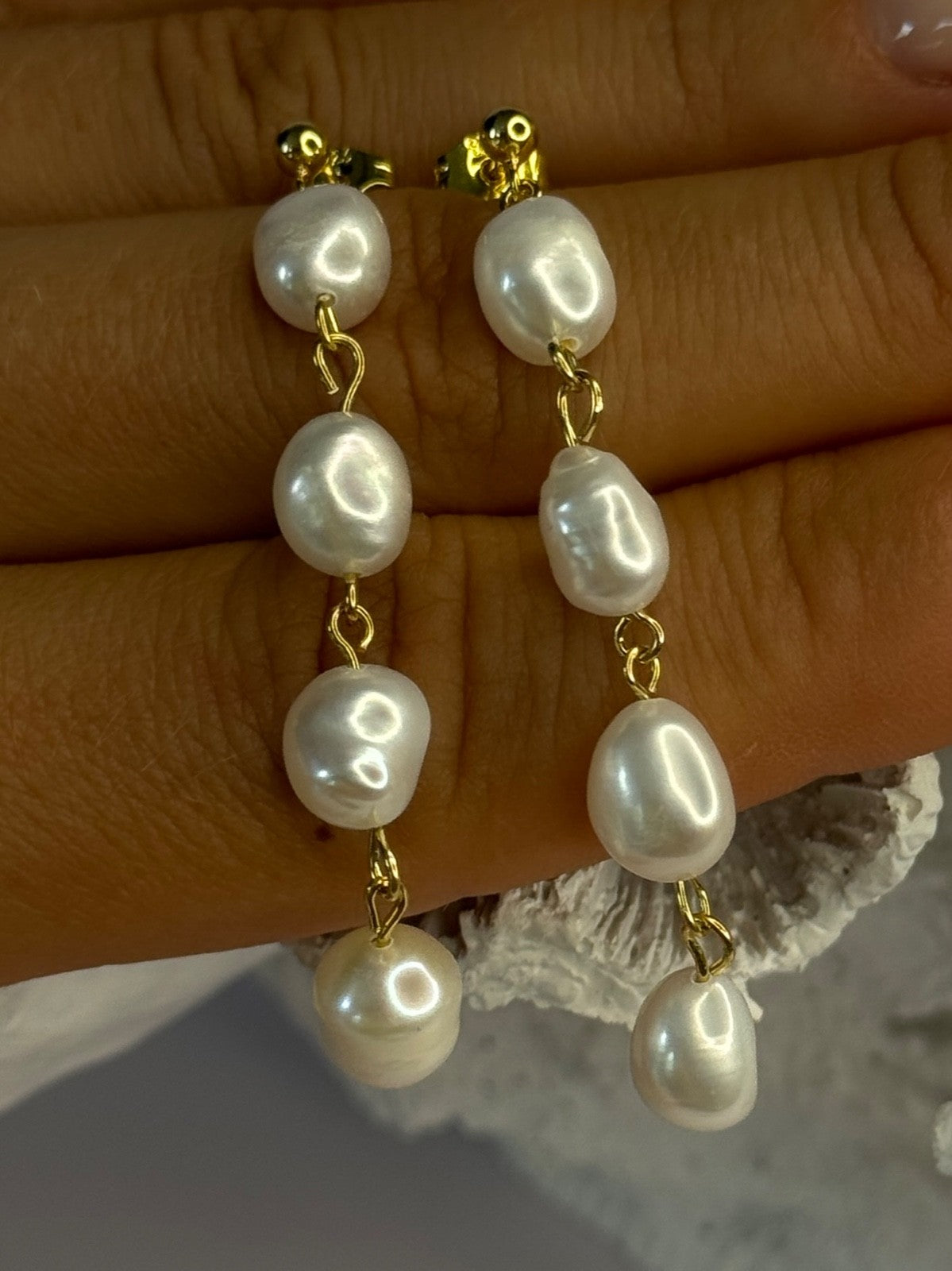 925 Sterling Silver Gold Plated Pearl Earrings Length 2.30 Inch