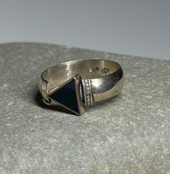 925 Sterling Silver & 10k Yellow Gold Onyx Ring Size 6