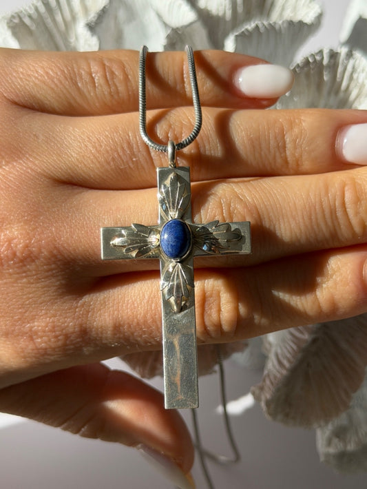 Vintage 925 Sterling Silver Sodalite Cross Necklace Length 18 in