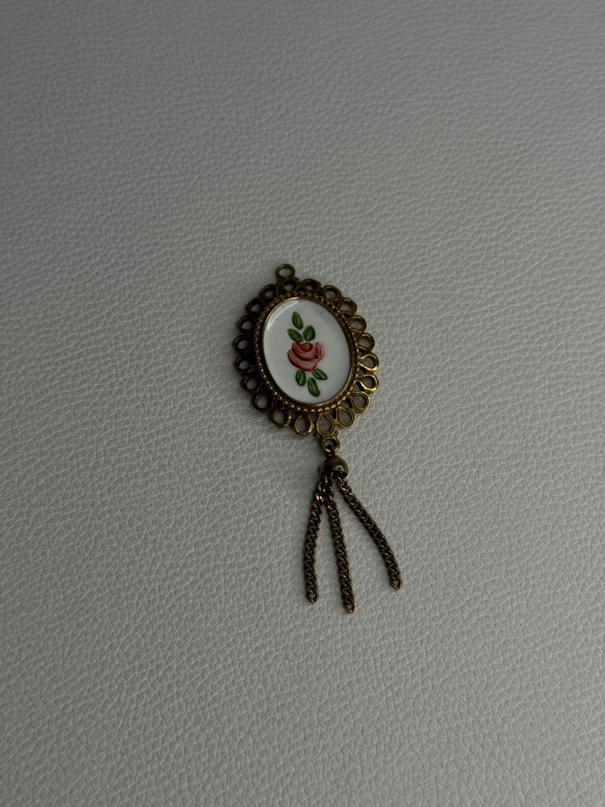 Vintage 925 Sterling Silver Gold Plated Pink Enamel Rose Pendant Length 2.5 Inch