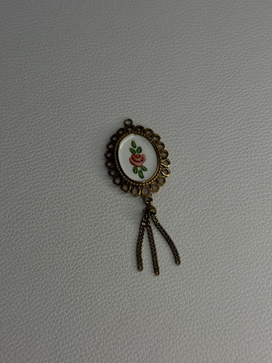 Vintage 925 Sterling Silver Gold Plated Pink Enamel Rose Pendant Length 2.5 Inch