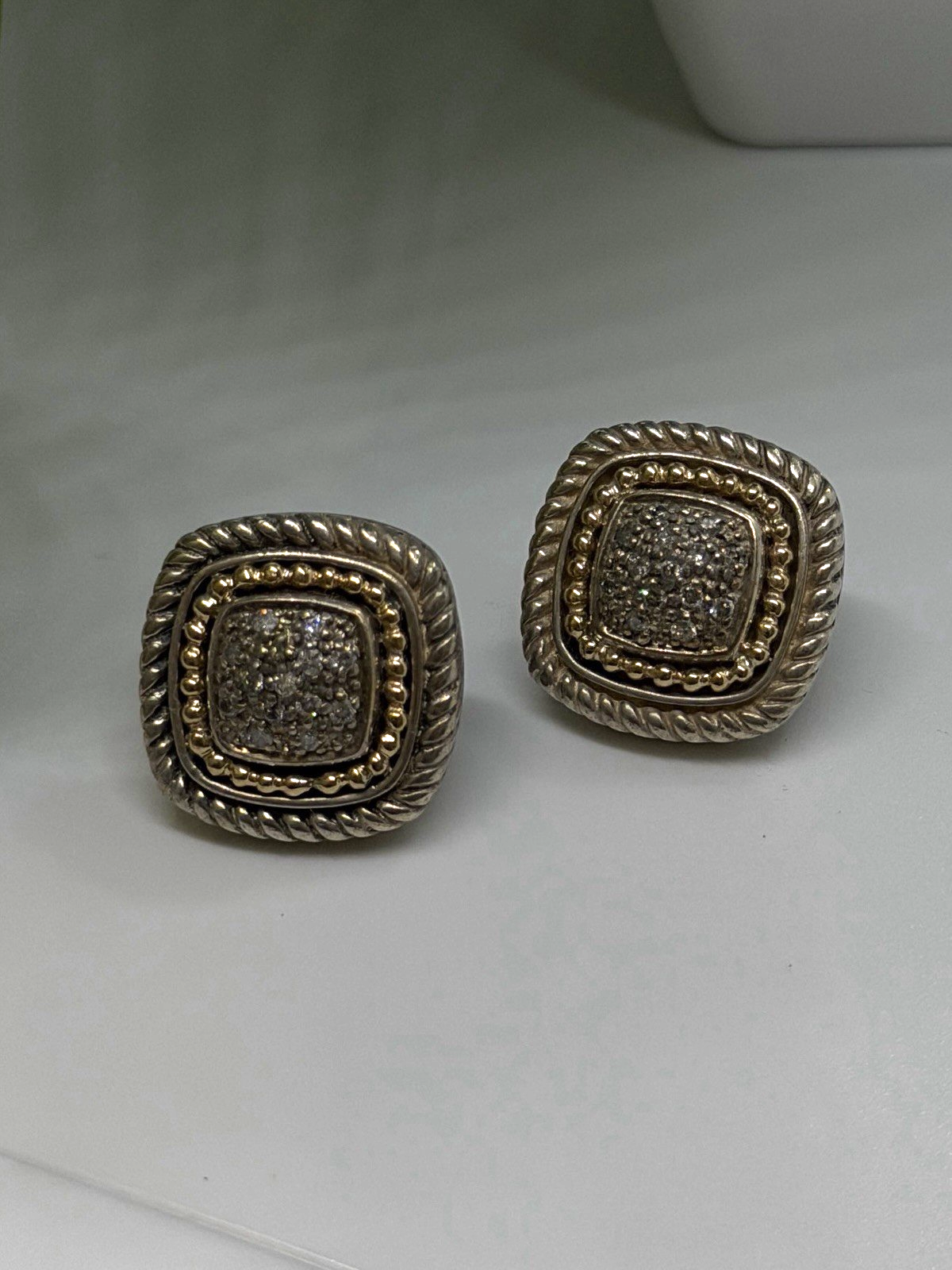 Vintage 14K yellow Gold & 925 Sterling Silver White Colorless Sapphire Earrings