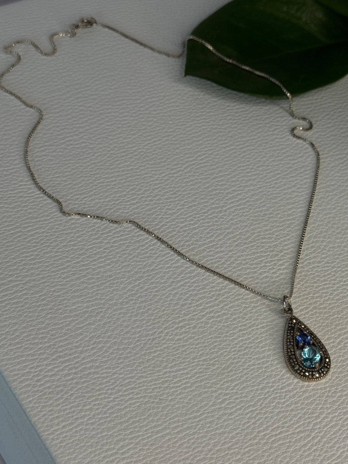 925 Sterling Silver Topaz, Sapphire & Marcasite Necklace Length 15.5 Inch