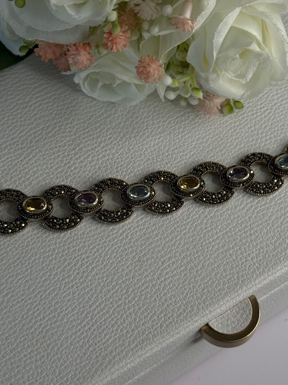 925 Sterling Silver Amethyst Citrine Topaz Marcasite Bracelet Length 7.5 Inch