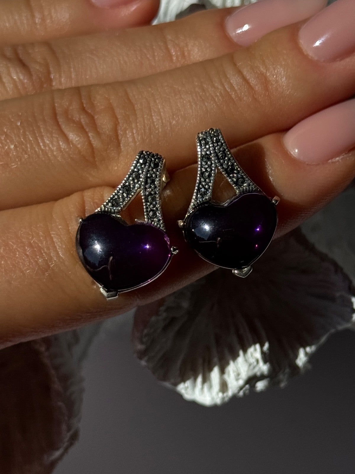 925 Sterling Silver Amethyst Heart & Marcasite Earrings Length 0.90 Inch