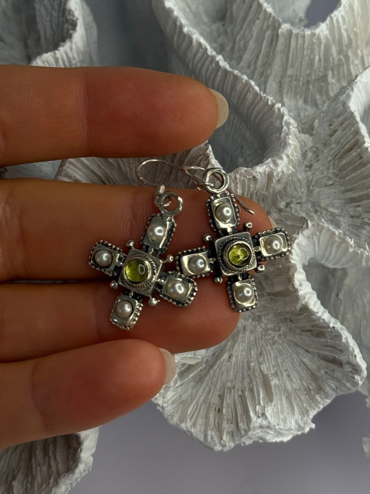 925 Sterling Silver Green Amber & Pearl Cross Earrings Length 1.50 Inch