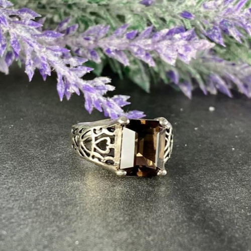 925 Sterling Silver Hessonite "Openwork" Ring Size 6.5